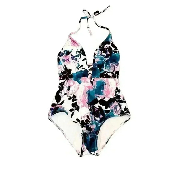 ModCloth Floral One Piece High Waisted Plunging Neckline Size Small NWOT - Picture 2 of 8